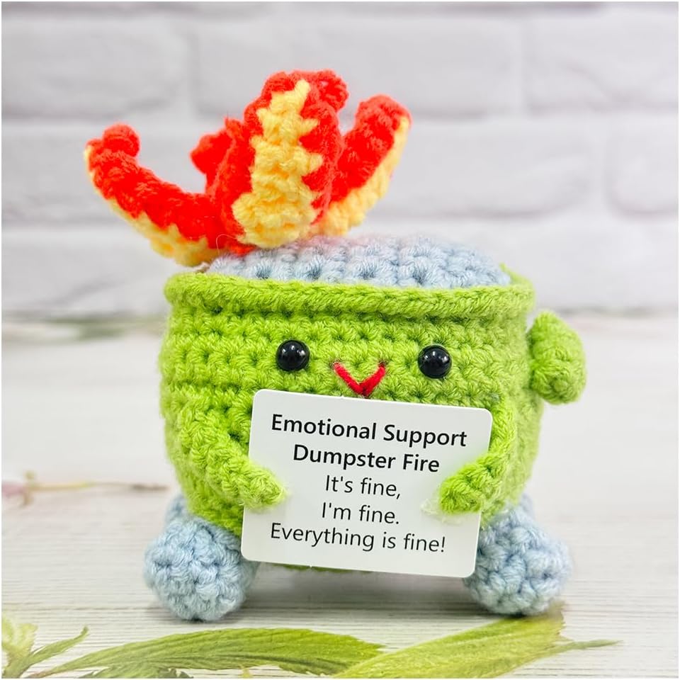 Handmade Crochet Dumpster Fire Plush – Stress Relief Amigurumi for Adults & Teens, Funny Desk Décor, Emotional Support Gift for Coworkers, College Students, Roommates (Yellow)