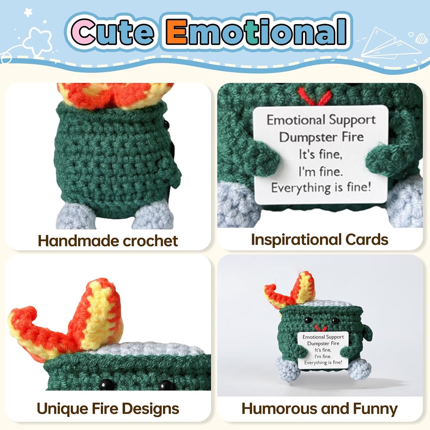 Handmade Crochet Dumpster Fire Plush – Stress Relief Amigurumi for Adults & Teens, Funny Desk Décor, Emotional Support Gift for Coworkers, College Students, Roommates (Yellow)