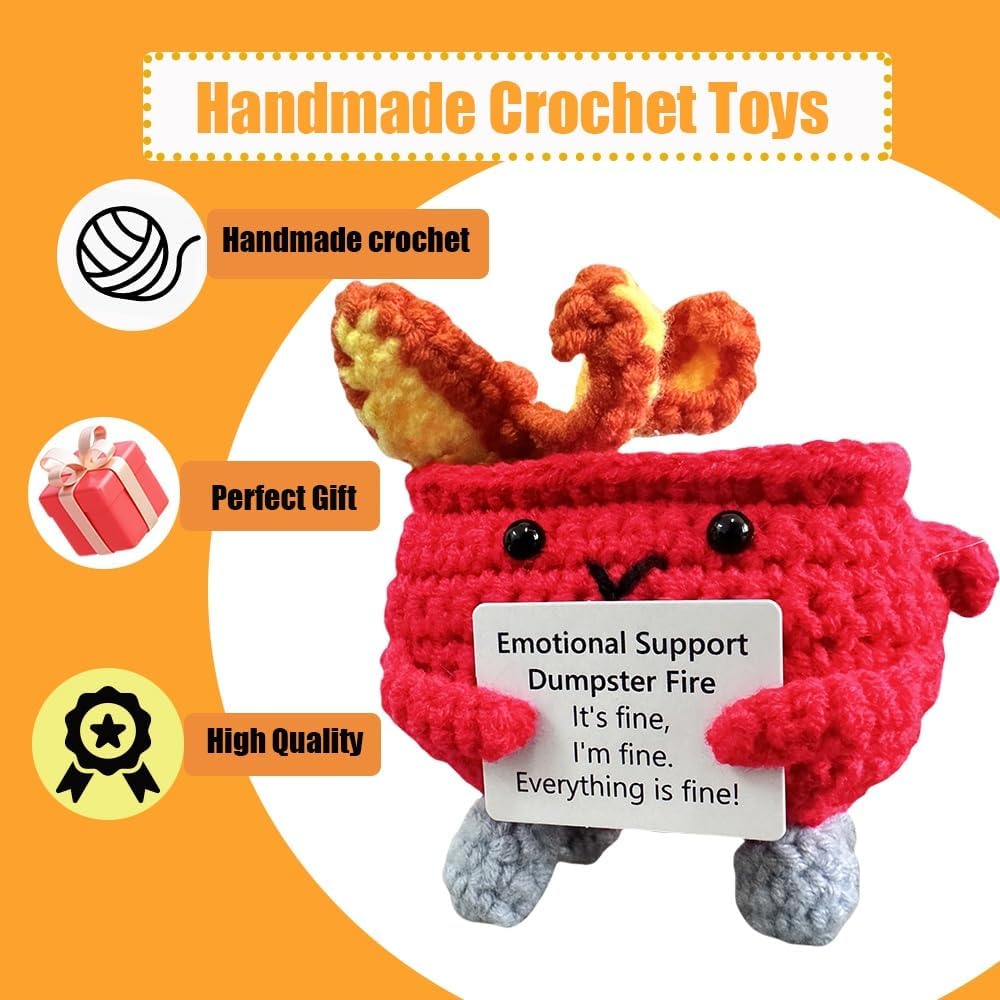 Handmade Crochet Dumpster Fire Plush – Stress Relief Amigurumi for Adults & Teens, Funny Desk Décor, Emotional Support Gift for Coworkers, College Students, Roommates (Yellow)