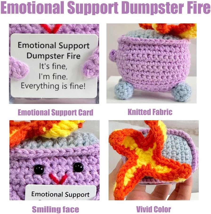 Handmade Crochet Dumpster Fire Plush – Stress Relief Amigurumi for Adults & Teens, Funny Desk Décor, Emotional Support Gift for Coworkers, College Students, Roommates (Yellow)