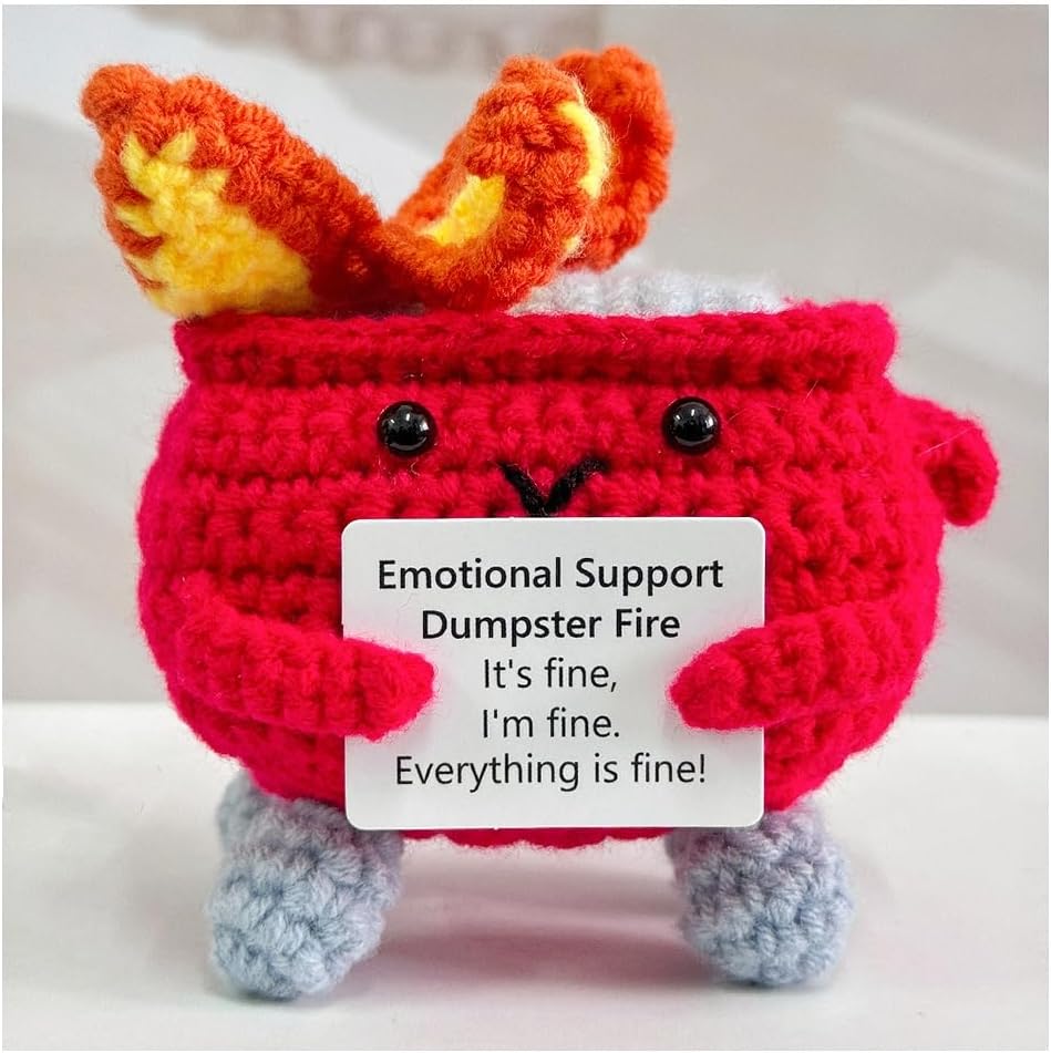 Handmade Crochet Dumpster Fire Plush – Stress Relief Amigurumi for Adults & Teens, Funny Desk Décor, Emotional Support Gift for Coworkers, College Students, Roommates (Yellow)