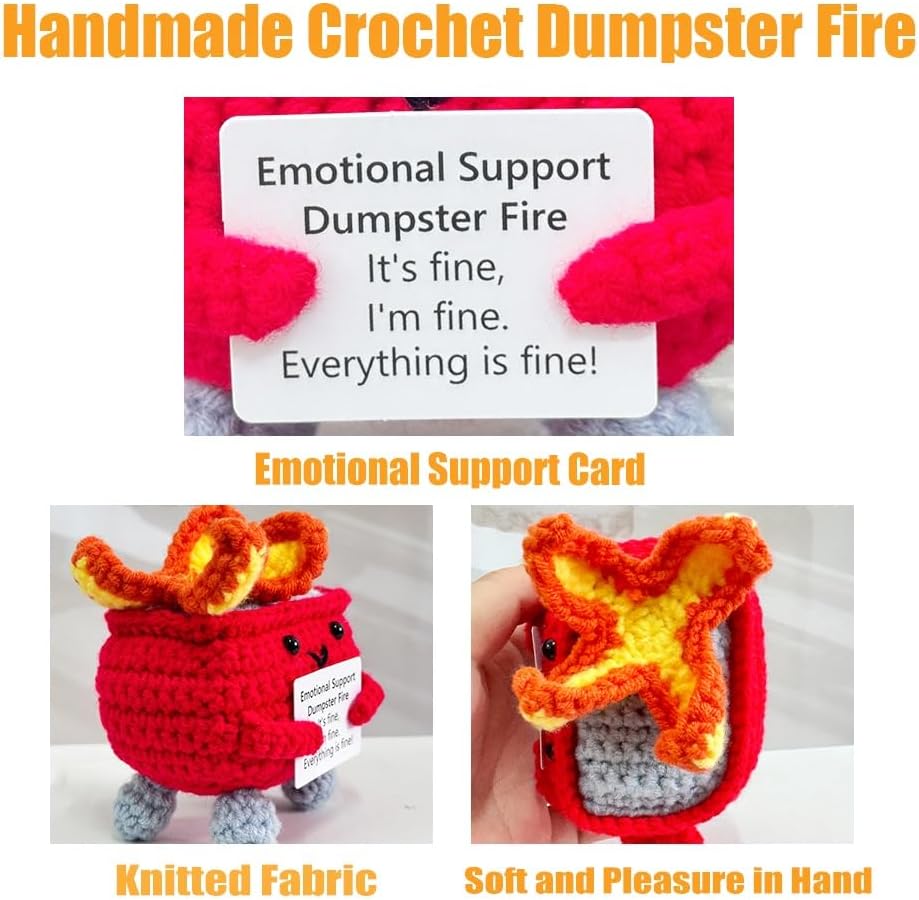 Handmade Crochet Dumpster Fire Plush – Stress Relief Amigurumi for Adults & Teens, Funny Desk Décor, Emotional Support Gift for Coworkers, College Students, Roommates (Yellow)