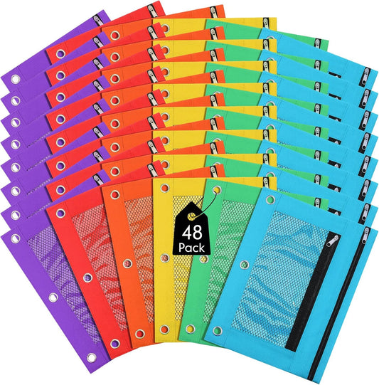 48 Pack Pencil Pouch for 3 Ring Binder Mesh Zipper Pencil Case Bags Binder Pouches Bulk for School Writing Utensils Storage Supplies (Red,Orange,Yellow,Green,Aqua,Purple)