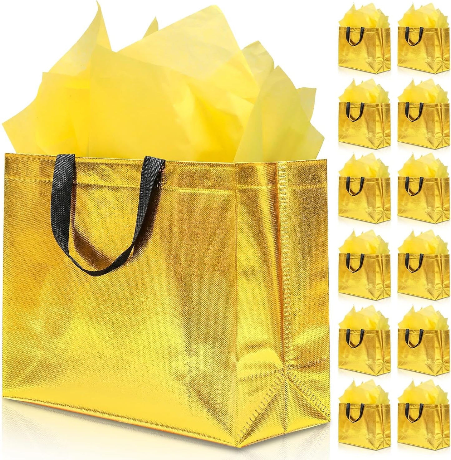 12Pcs Reusable Gift Bags（Includes Tissue Paper） Gift bag with handle Birthdays Parties Holidays Weddings Medium 13x5x11in Golden Yellow Gift Bags