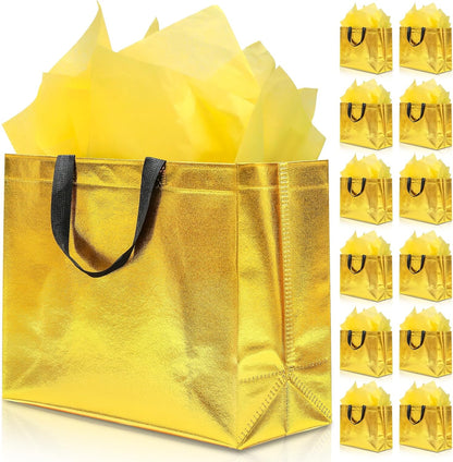 12Pcs Reusable Gift Bags（Includes Tissue Paper） Gift bag with handle Birthdays Parties Holidays Weddings Medium 13x5x11in Golden Yellow Gift Bags