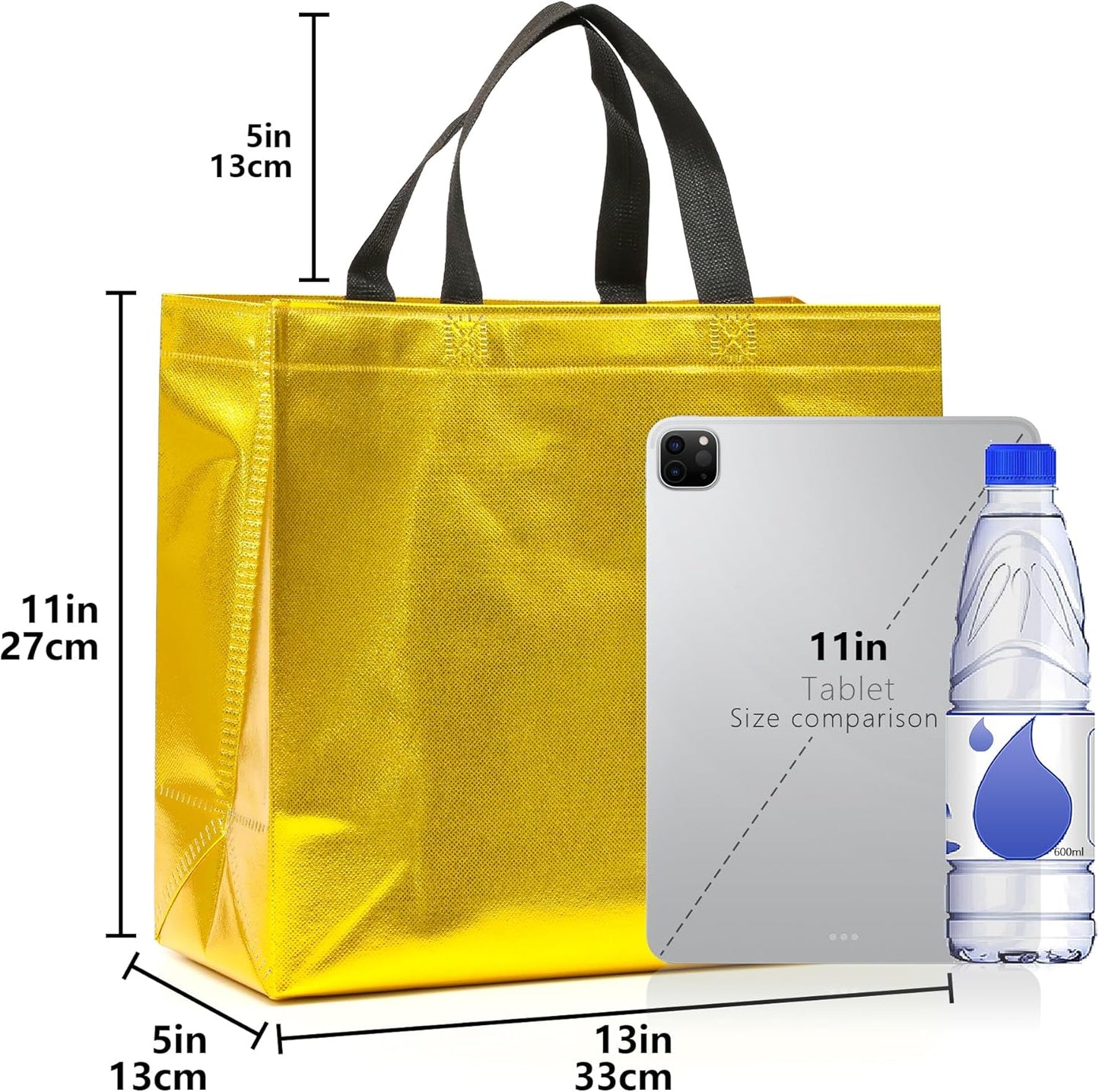 12Pcs Reusable Gift Bags（Includes Tissue Paper） Gift bag with handle Birthdays Parties Holidays Weddings Medium 13x5x11in Golden Yellow Gift Bags