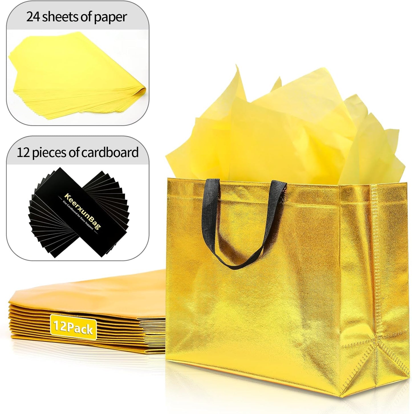 12Pcs Reusable Gift Bags（Includes Tissue Paper） Gift bag with handle Birthdays Parties Holidays Weddings Medium 13x5x11in Golden Yellow Gift Bags
