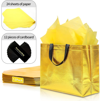 12Pcs Reusable Gift Bags（Includes Tissue Paper） Gift bag with handle Birthdays Parties Holidays Weddings Medium 13x5x11in Golden Yellow Gift Bags