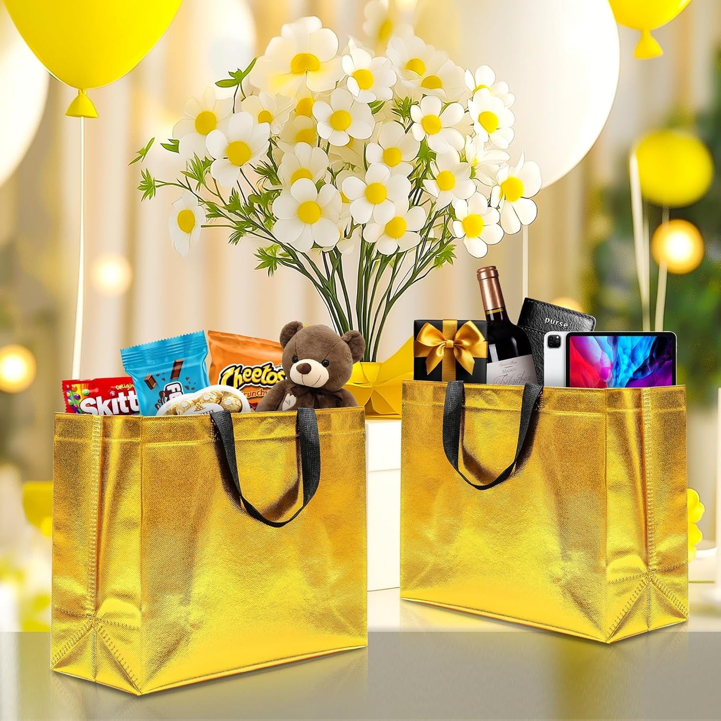 12Pcs Reusable Gift Bags（Includes Tissue Paper） Gift bag with handle Birthdays Parties Holidays Weddings Medium 13x5x11in Golden Yellow Gift Bags