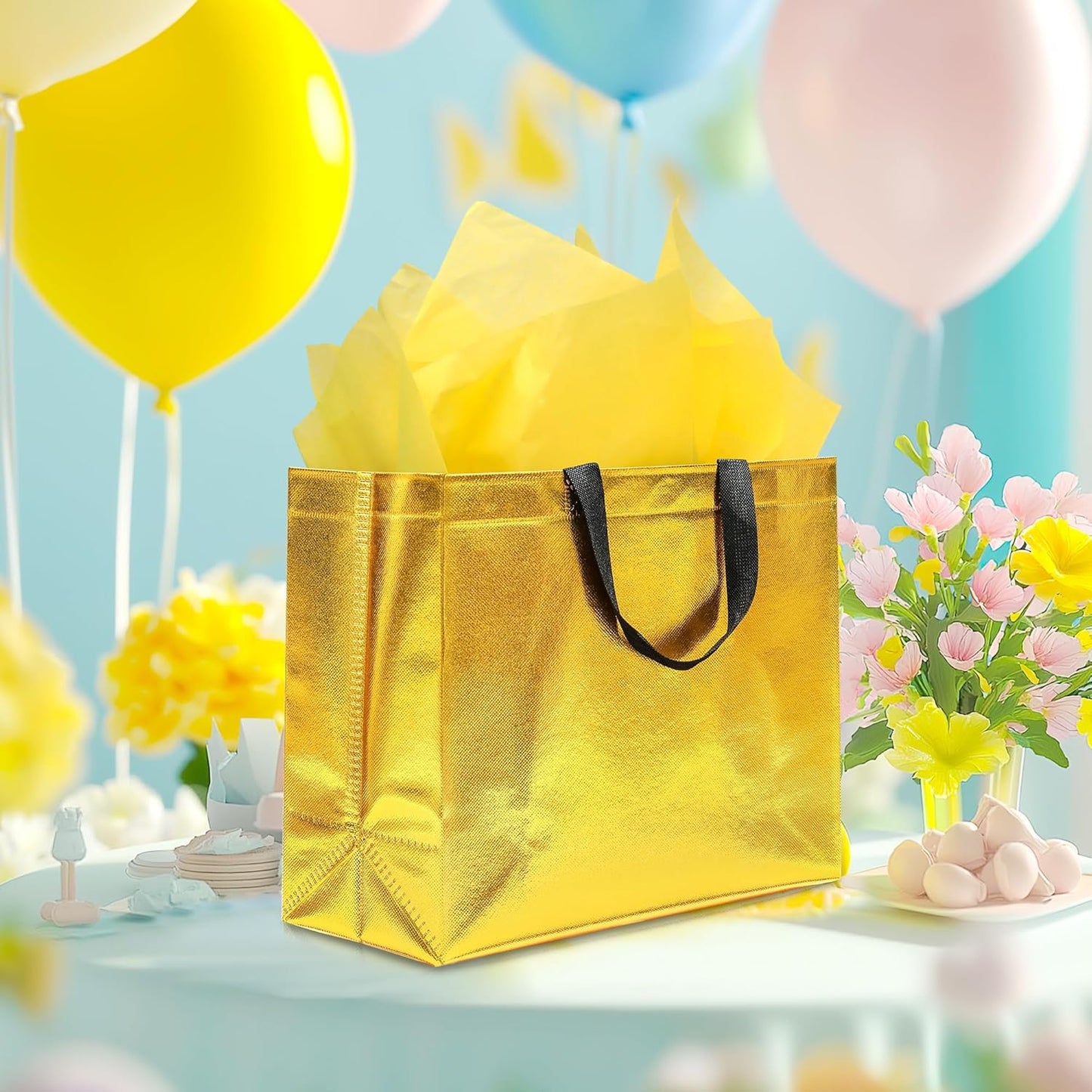 12Pcs Reusable Gift Bags（Includes Tissue Paper） Gift bag with handle Birthdays Parties Holidays Weddings Medium 13x5x11in Golden Yellow Gift Bags