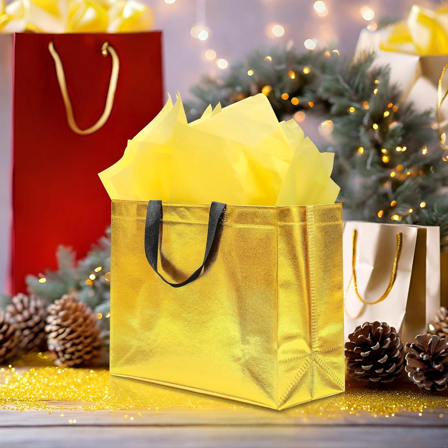 12Pcs Reusable Gift Bags（Includes Tissue Paper） Gift bag with handle Birthdays Parties Holidays Weddings Medium 13x5x11in Golden Yellow Gift Bags