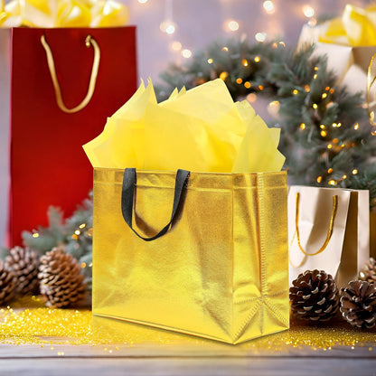 12Pcs Reusable Gift Bags（Includes Tissue Paper） Gift bag with handle Birthdays Parties Holidays Weddings Medium 13x5x11in Golden Yellow Gift Bags