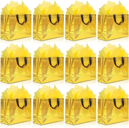 12Pcs Reusable Gift Bags（Includes Tissue Paper） Gift bag with handle Birthdays Parties Holidays Weddings Medium 13x5x11in Golden Yellow Gift Bags