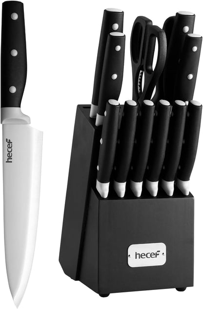 Kitchen Knife Block Set, 14 Pieces, Yellow | Wooden Block, Sharpener Steel, All-purpose Scissors, High Carbon Stainless Steel