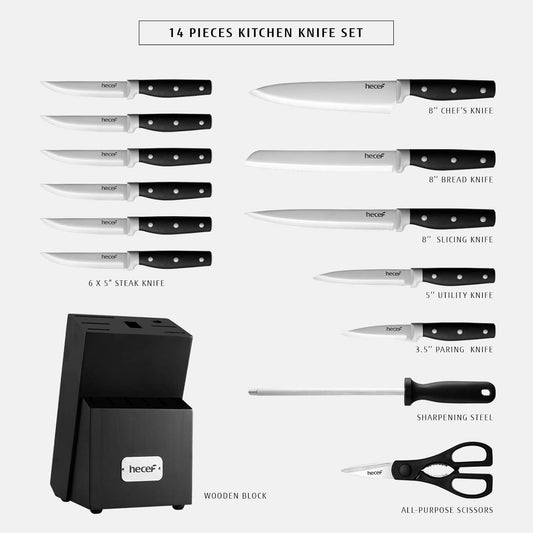 Kitchen Knife Block Set, 14 Pieces, Yellow | Wooden Block, Sharpener Steel, All-purpose Scissors, High Carbon Stainless Steel