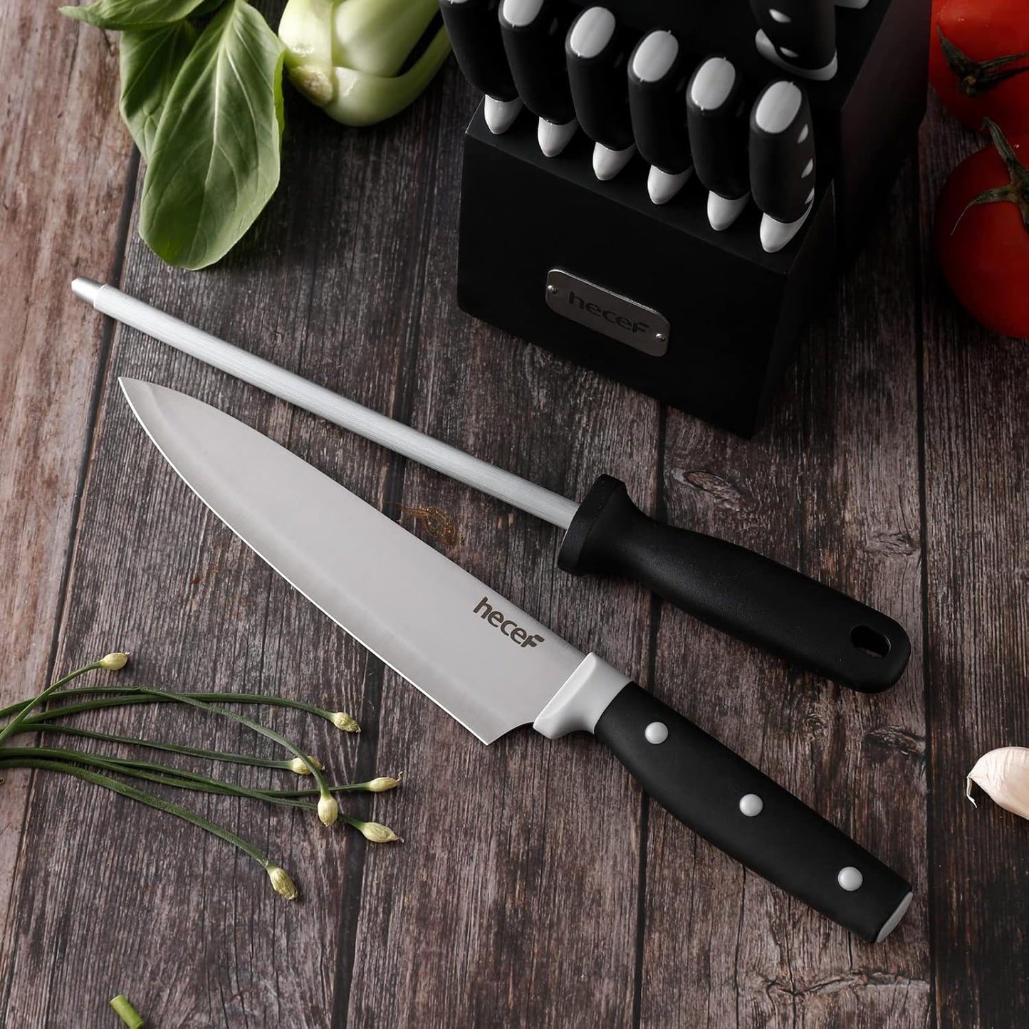 Kitchen Knife Block Set, 14 Pieces, Yellow | Wooden Block, Sharpener Steel, All-purpose Scissors, High Carbon Stainless Steel