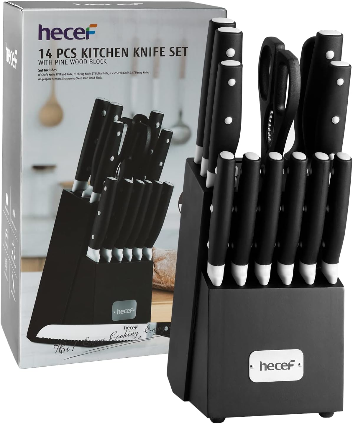 Kitchen Knife Block Set, 14 Pieces, Yellow | Wooden Block, Sharpener Steel, All-purpose Scissors, High Carbon Stainless Steel
