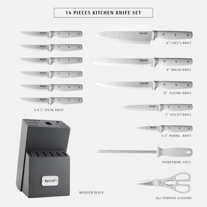 Kitchen Knife Block Set, 14 Pieces, Yellow | Wooden Block, Sharpener Steel, All-purpose Scissors, High Carbon Stainless Steel