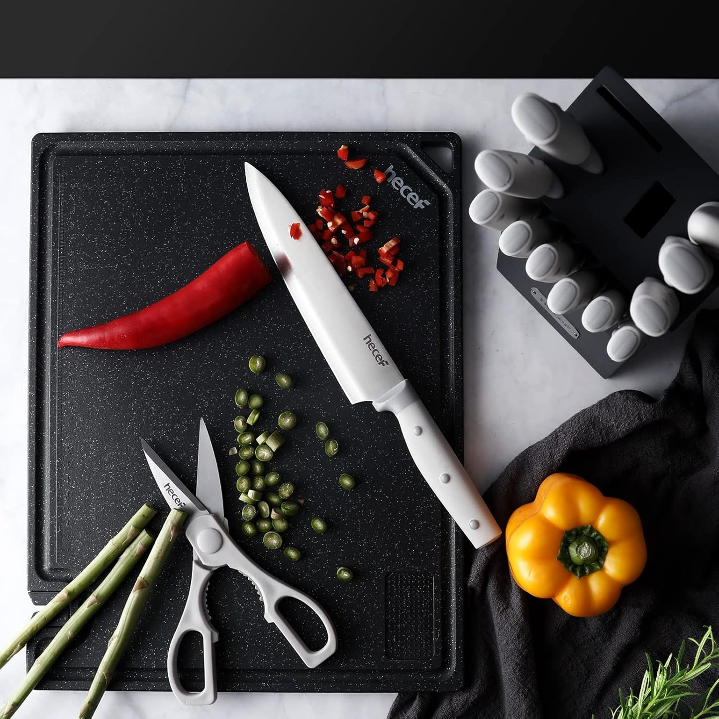Kitchen Knife Block Set, 14 Pieces, Yellow | Wooden Block, Sharpener Steel, All-purpose Scissors, High Carbon Stainless Steel