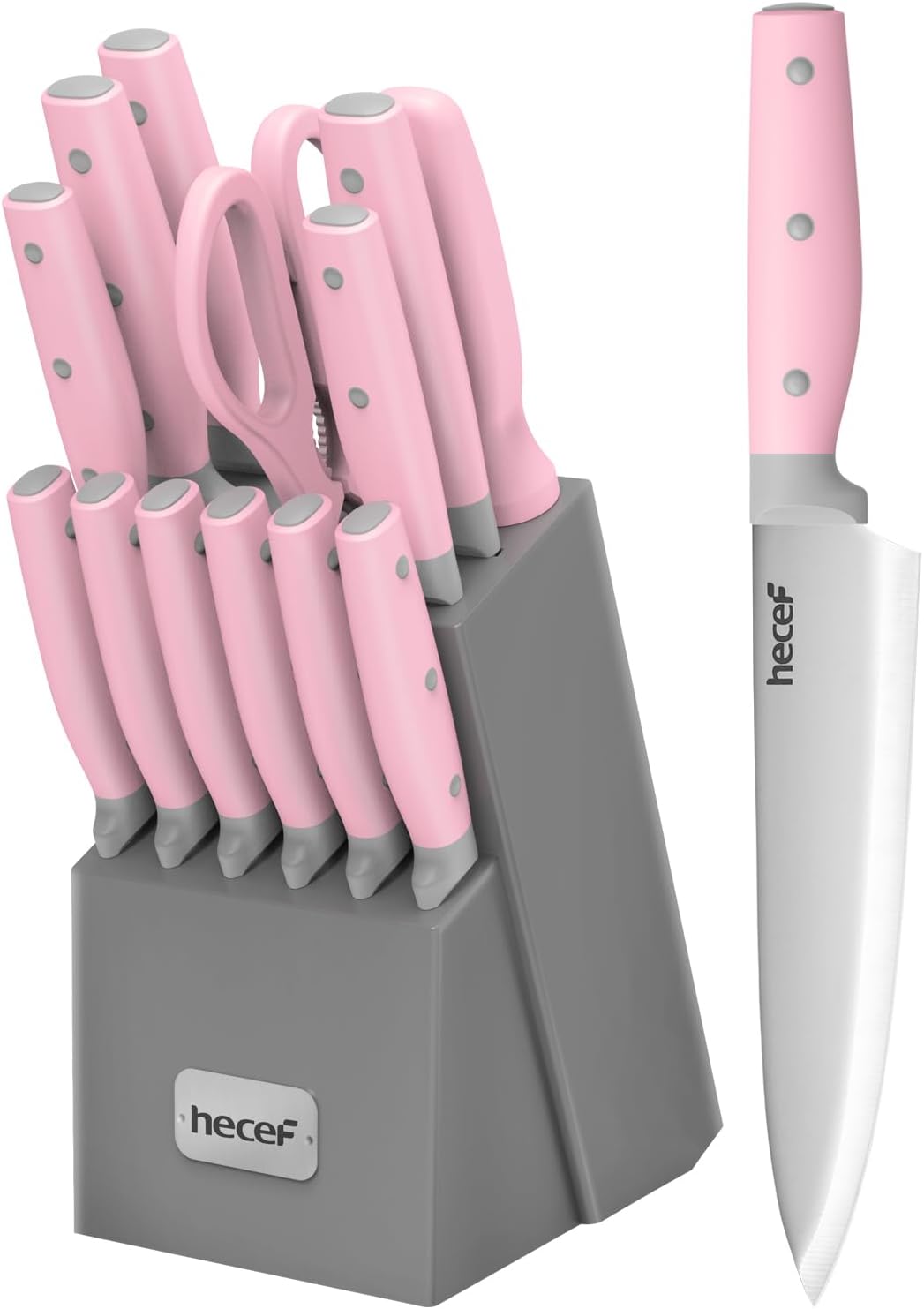 Kitchen Knife Block Set, 14 Pieces, Yellow | Wooden Block, Sharpener Steel, All-purpose Scissors, High Carbon Stainless Steel