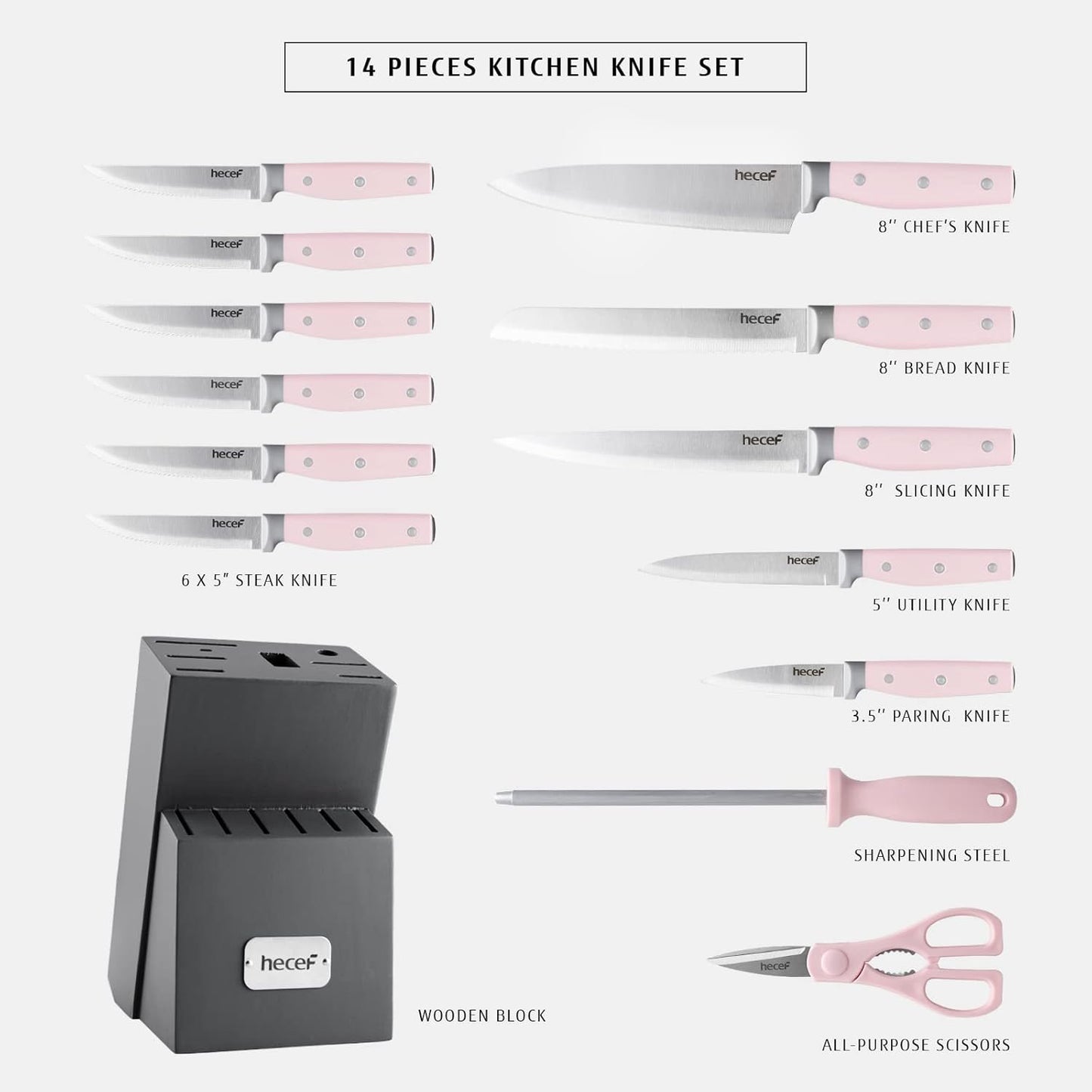Kitchen Knife Block Set, 14 Pieces, Yellow | Wooden Block, Sharpener Steel, All-purpose Scissors, High Carbon Stainless Steel