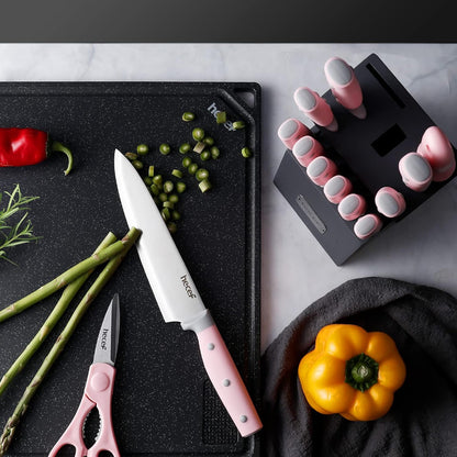 Kitchen Knife Block Set, 14 Pieces, Yellow | Wooden Block, Sharpener Steel, All-purpose Scissors, High Carbon Stainless Steel