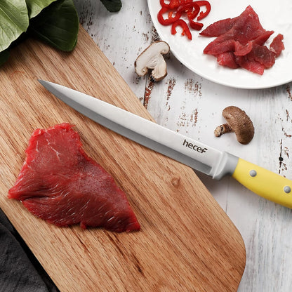 Kitchen Knife Block Set, 14 Pieces, Yellow | Wooden Block, Sharpener Steel, All-purpose Scissors, High Carbon Stainless Steel