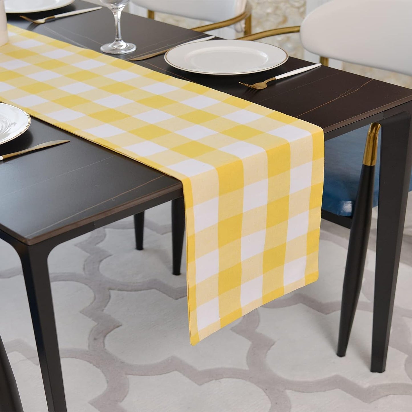 Yellow & White 2 Side Buffalo Check Farmhouse Table Runner for Family Dinners or Gatherings, Indoor or Outdoor Parties, Everyday Use (12" x 36")