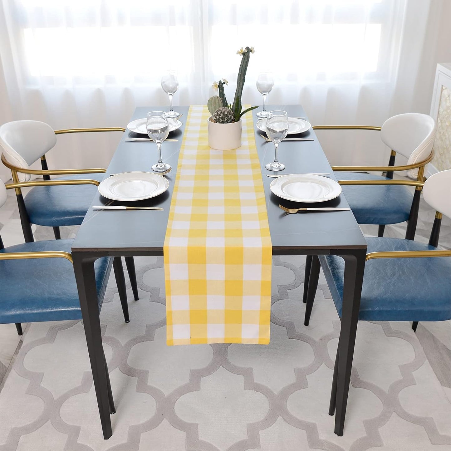 Yellow & White 2 Side Buffalo Check Farmhouse Table Runner for Family Dinners or Gatherings, Indoor or Outdoor Parties, Everyday Use (12" x 36")