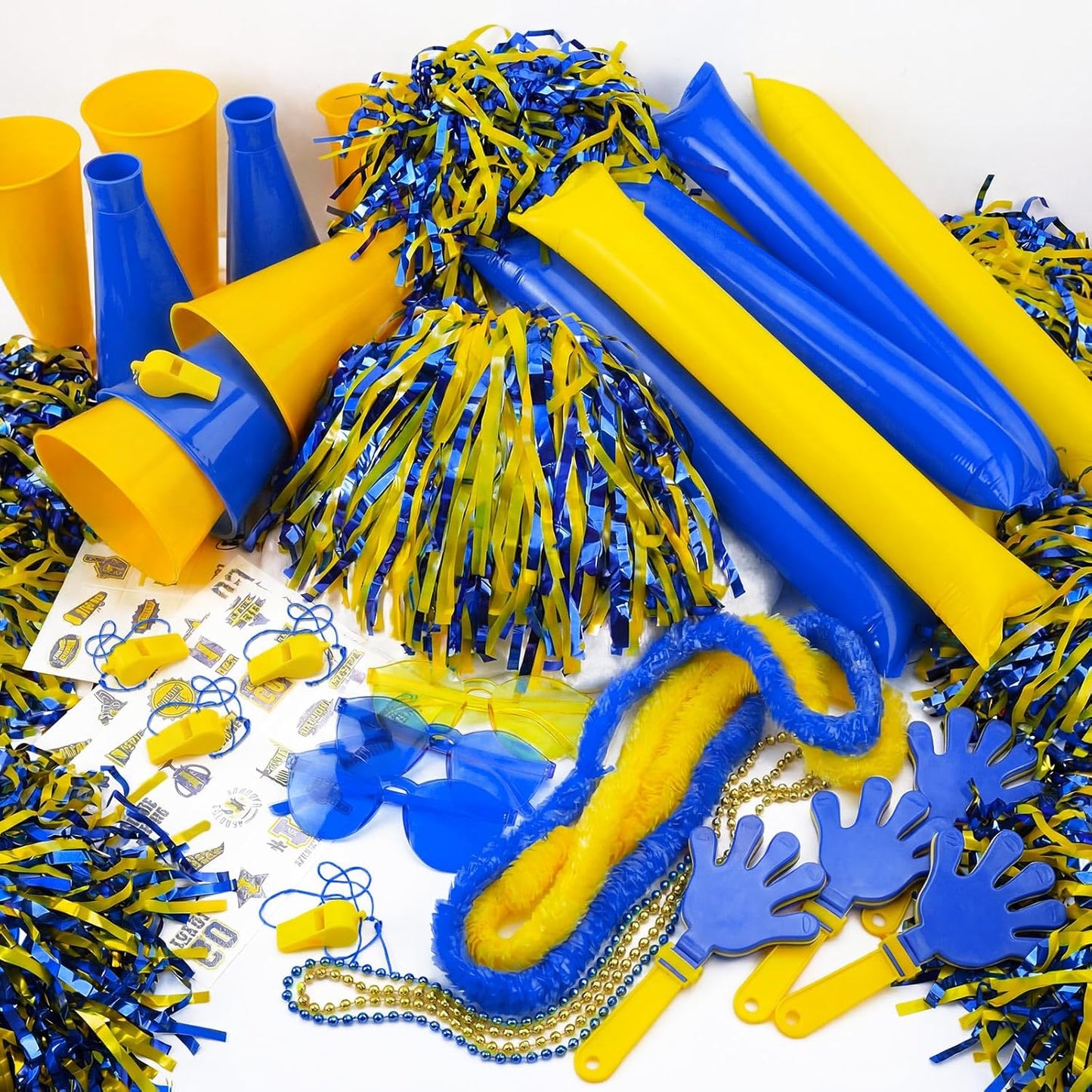 360 Pcs Yellow and Blue Team Spirit Accessories Bulk Field Day Accessories Pep Rally Color War Camp Spirit Events Party Items Cheerleading Pom Poms Clappers Thunder Stick Whistle Megaphone