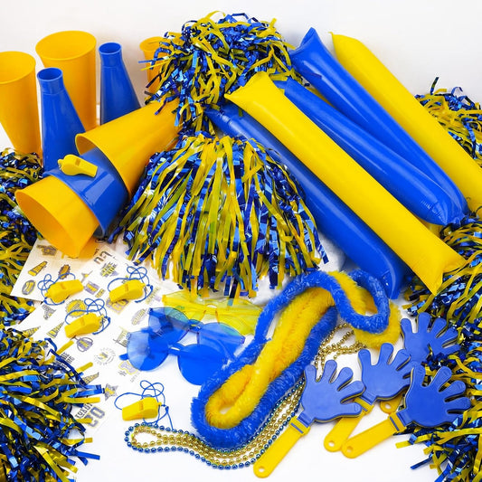 360 Pcs Yellow and Blue Team Spirit Accessories Bulk Field Day Accessories Pep Rally Color War Camp Spirit Events Party Items Cheerleading Pom Poms Clappers Thunder Stick Whistle Megaphone