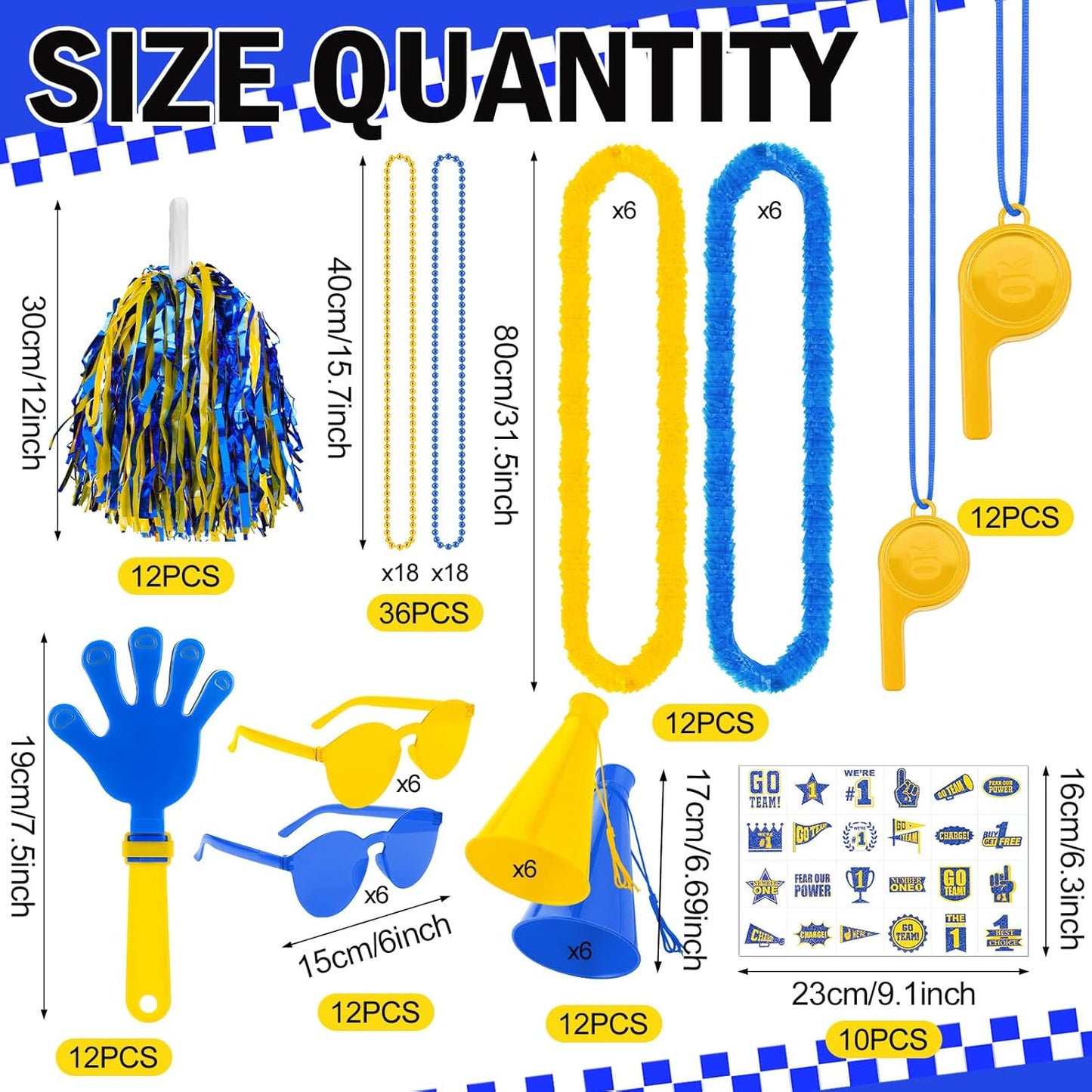 360 Pcs Yellow and Blue Team Spirit Accessories Bulk Field Day Accessories Pep Rally Color War Camp Spirit Events Party Items Cheerleading Pom Poms Clappers Thunder Stick Whistle Megaphone