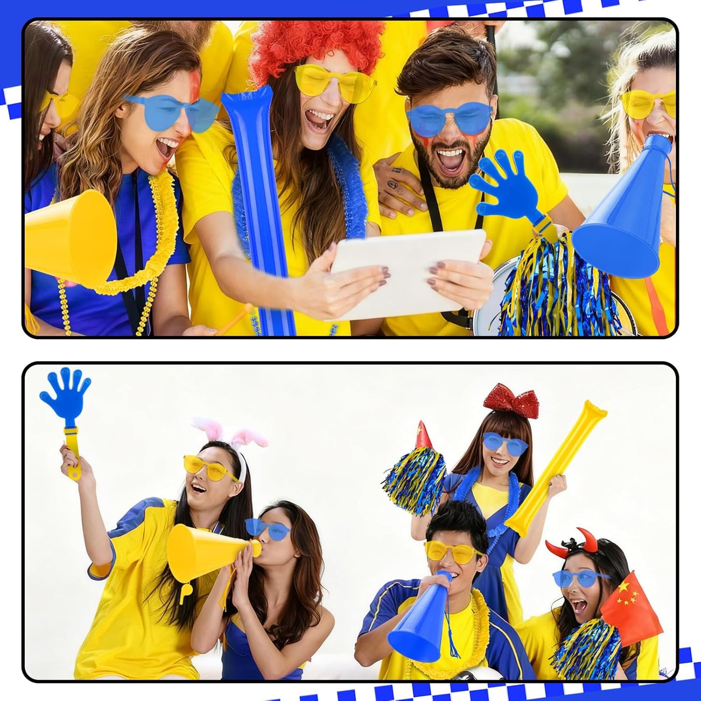 360 Pcs Yellow and Blue Team Spirit Accessories Bulk Field Day Accessories Pep Rally Color War Camp Spirit Events Party Items Cheerleading Pom Poms Clappers Thunder Stick Whistle Megaphone