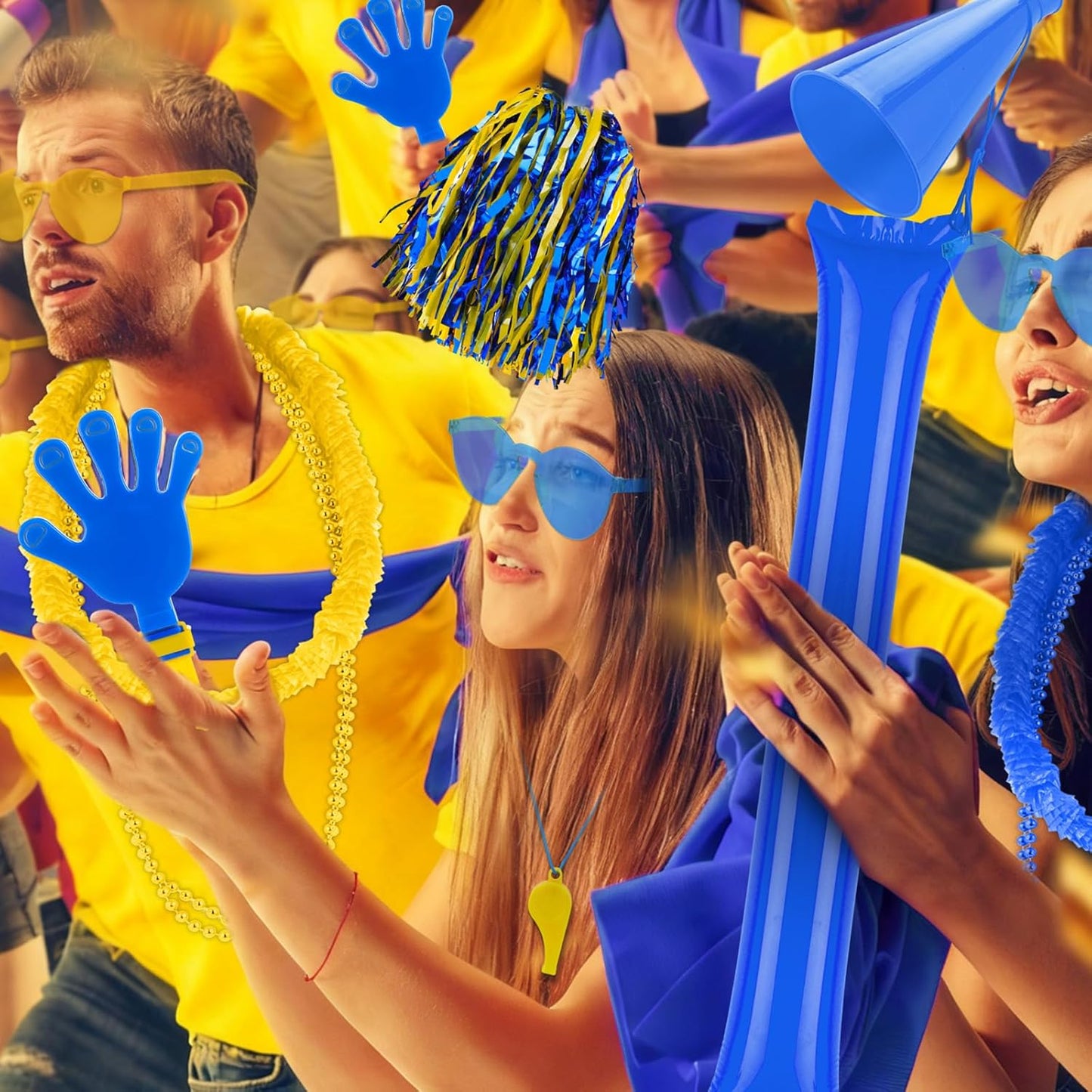 360 Pcs Yellow and Blue Team Spirit Accessories Bulk Field Day Accessories Pep Rally Color War Camp Spirit Events Party Items Cheerleading Pom Poms Clappers Thunder Stick Whistle Megaphone