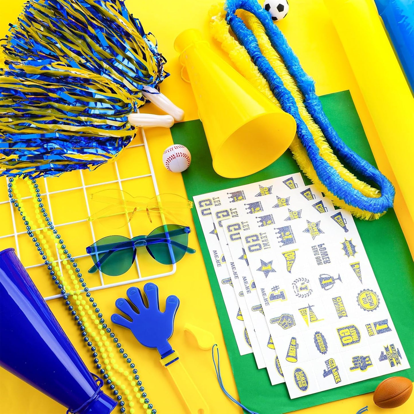 360 Pcs Yellow and Blue Team Spirit Accessories Bulk Field Day Accessories Pep Rally Color War Camp Spirit Events Party Items Cheerleading Pom Poms Clappers Thunder Stick Whistle Megaphone
