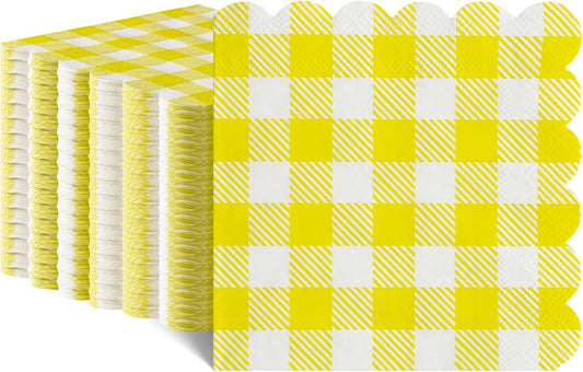 120 Pcs Yellow Gingham Napkins, Scalloped Yellow Cocktail Napkins Dispoable Plaid Picnic Napkin for Birthday, Tea Party, 5 x 5 Inches