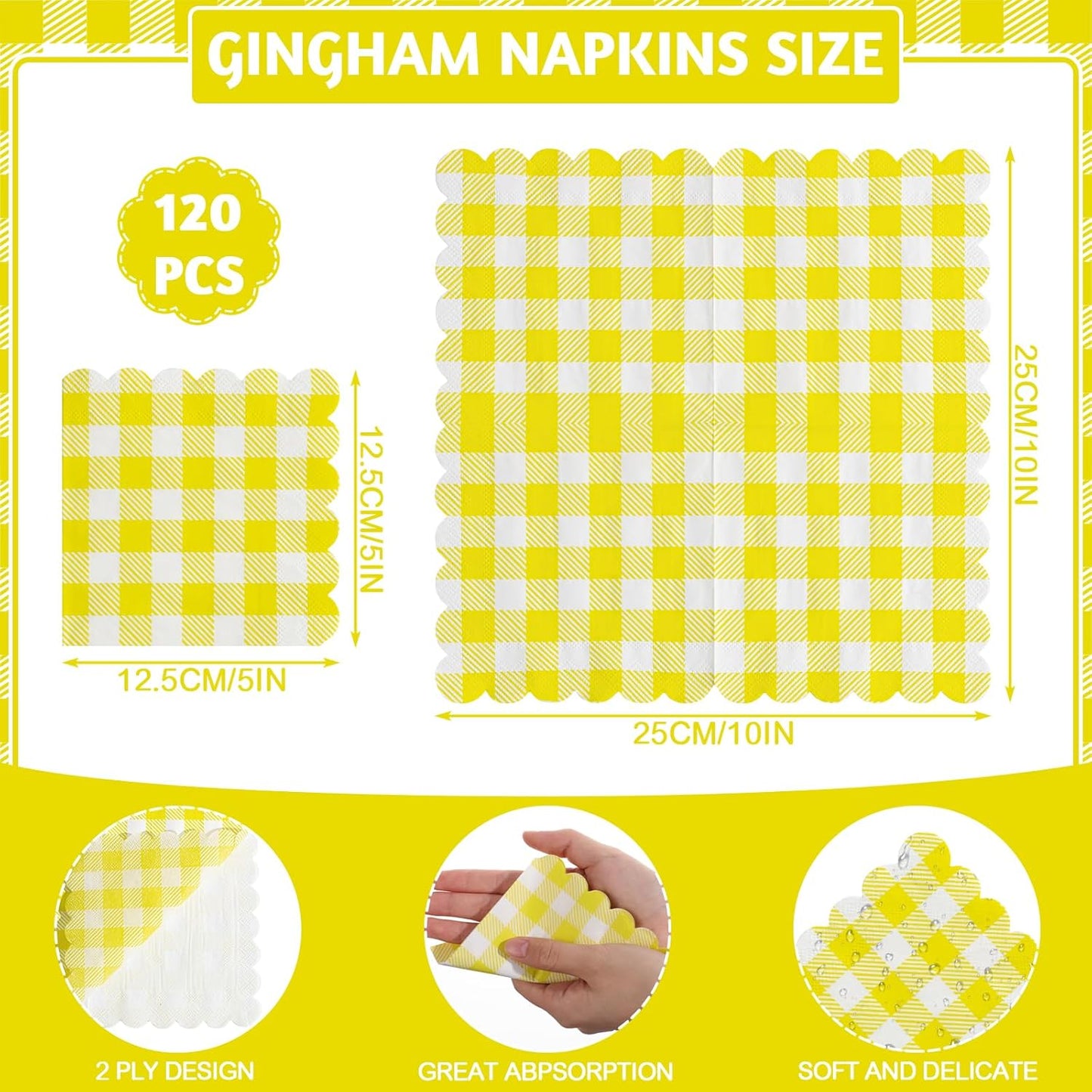 120 Pcs Yellow Gingham Napkins, Scalloped Yellow Cocktail Napkins Dispoable Plaid Picnic Napkin for Birthday, Tea Party, 5 x 5 Inches