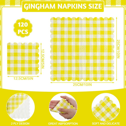 120 Pcs Yellow Gingham Napkins, Scalloped Yellow Cocktail Napkins Dispoable Plaid Picnic Napkin for Birthday, Tea Party, 5 x 5 Inches