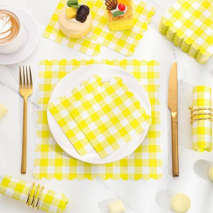 120 Pcs Yellow Gingham Napkins, Scalloped Yellow Cocktail Napkins Dispoable Plaid Picnic Napkin for Birthday, Tea Party, 5 x 5 Inches