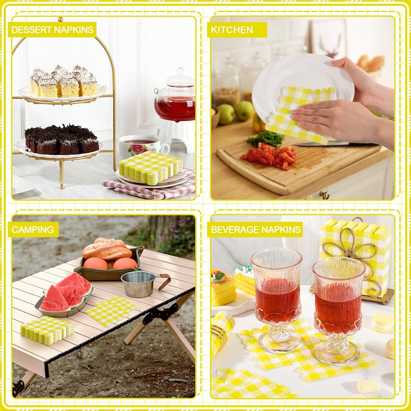 120 Pcs Yellow Gingham Napkins, Scalloped Yellow Cocktail Napkins Dispoable Plaid Picnic Napkin for Birthday, Tea Party, 5 x 5 Inches