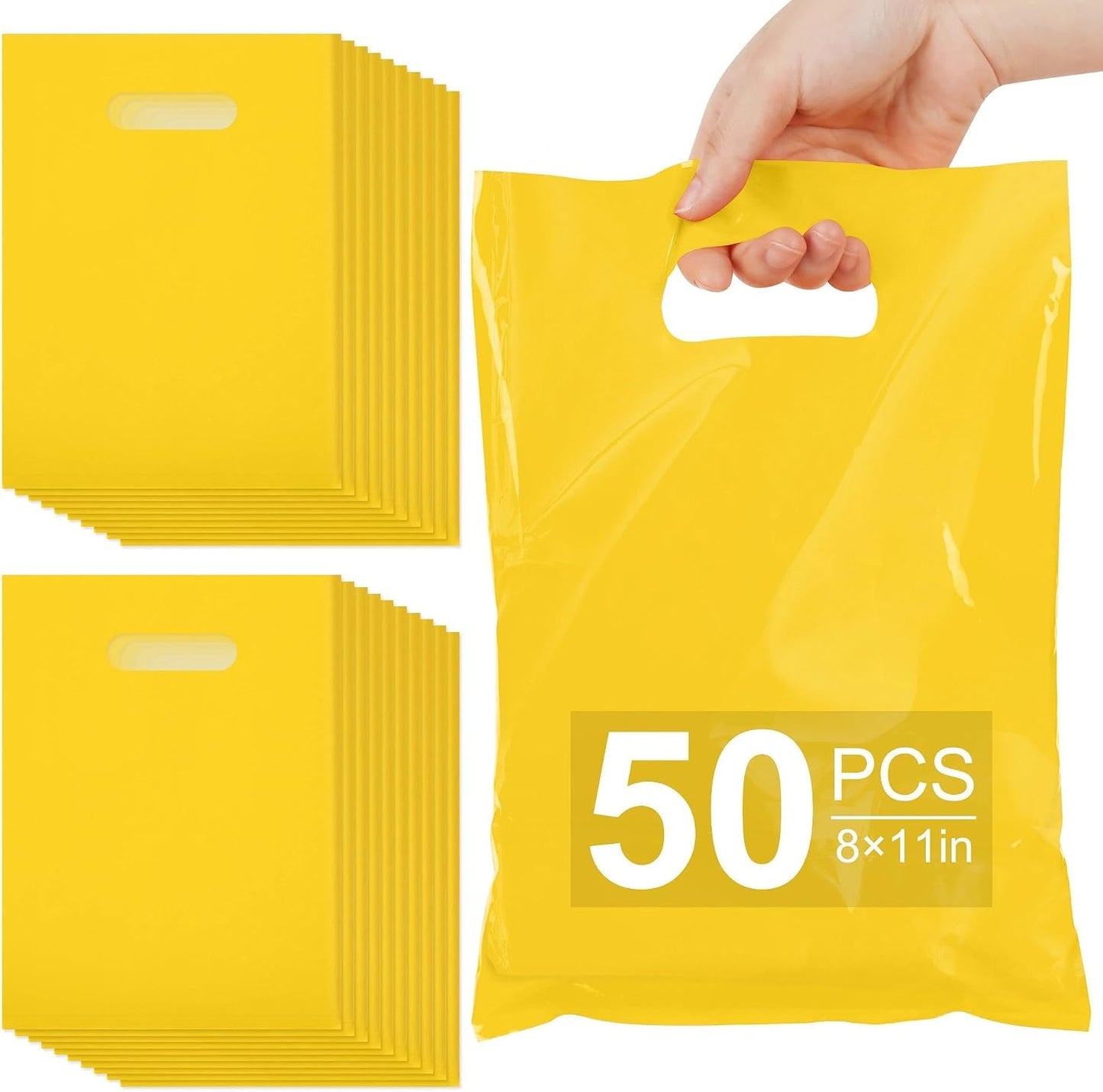 50 PCS Yellow Party Favor Bags, 8" x 11" Goodie Bags for Candy Treat Craft Easter Egg, Plastic Gift Bag with Die Cut Handles for Birthday Party, School Events & Small Business, Wedding