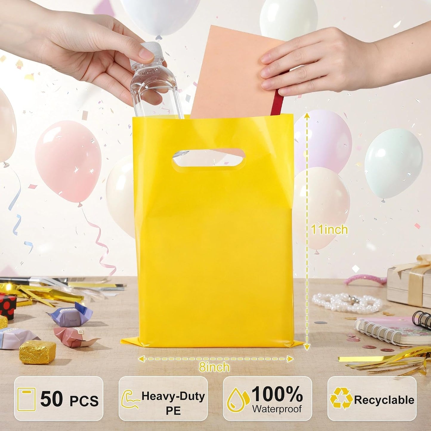 50 PCS Yellow Party Favor Bags, 8" x 11" Goodie Bags for Candy Treat Craft Easter Egg, Plastic Gift Bag with Die Cut Handles for Birthday Party, School Events & Small Business, Wedding