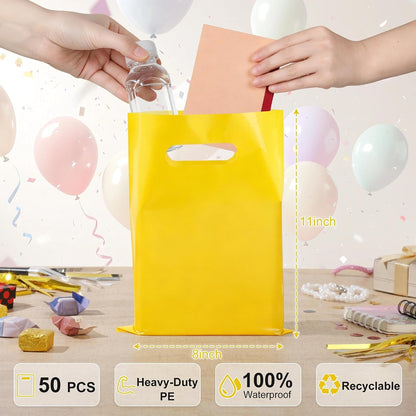 50 PCS Yellow Party Favor Bags, 8" x 11" Goodie Bags for Candy Treat Craft Easter Egg, Plastic Gift Bag with Die Cut Handles for Birthday Party, School Events & Small Business, Wedding