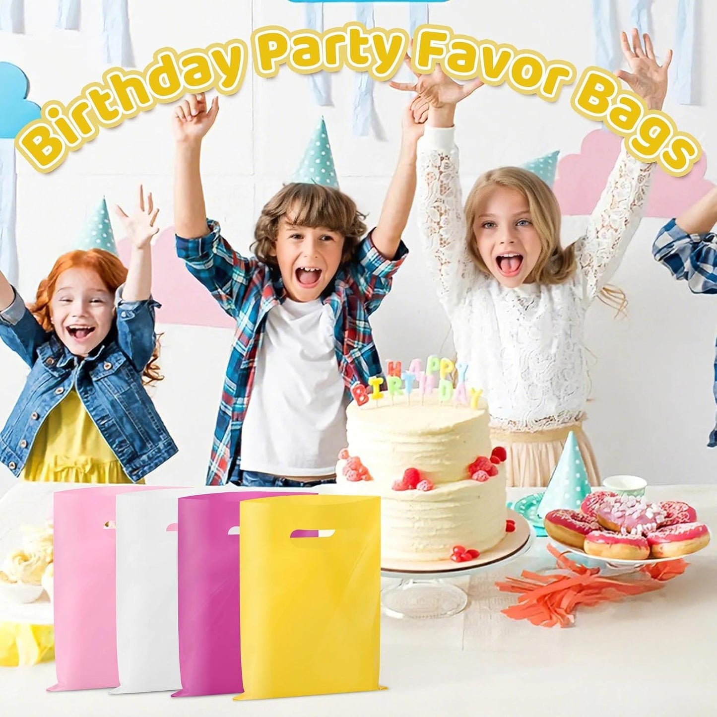 50 PCS Yellow Party Favor Bags, 8" x 11" Goodie Bags for Candy Treat Craft Easter Egg, Plastic Gift Bag with Die Cut Handles for Birthday Party, School Events & Small Business, Wedding