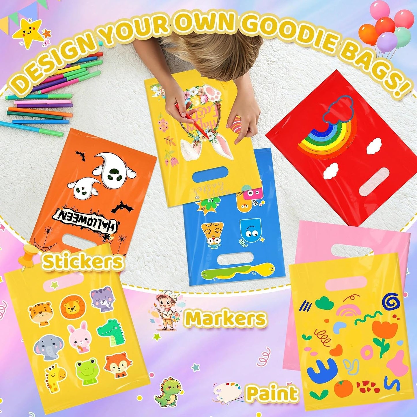 50 PCS Yellow Party Favor Bags, 8" x 11" Goodie Bags for Candy Treat Craft Easter Egg, Plastic Gift Bag with Die Cut Handles for Birthday Party, School Events & Small Business, Wedding