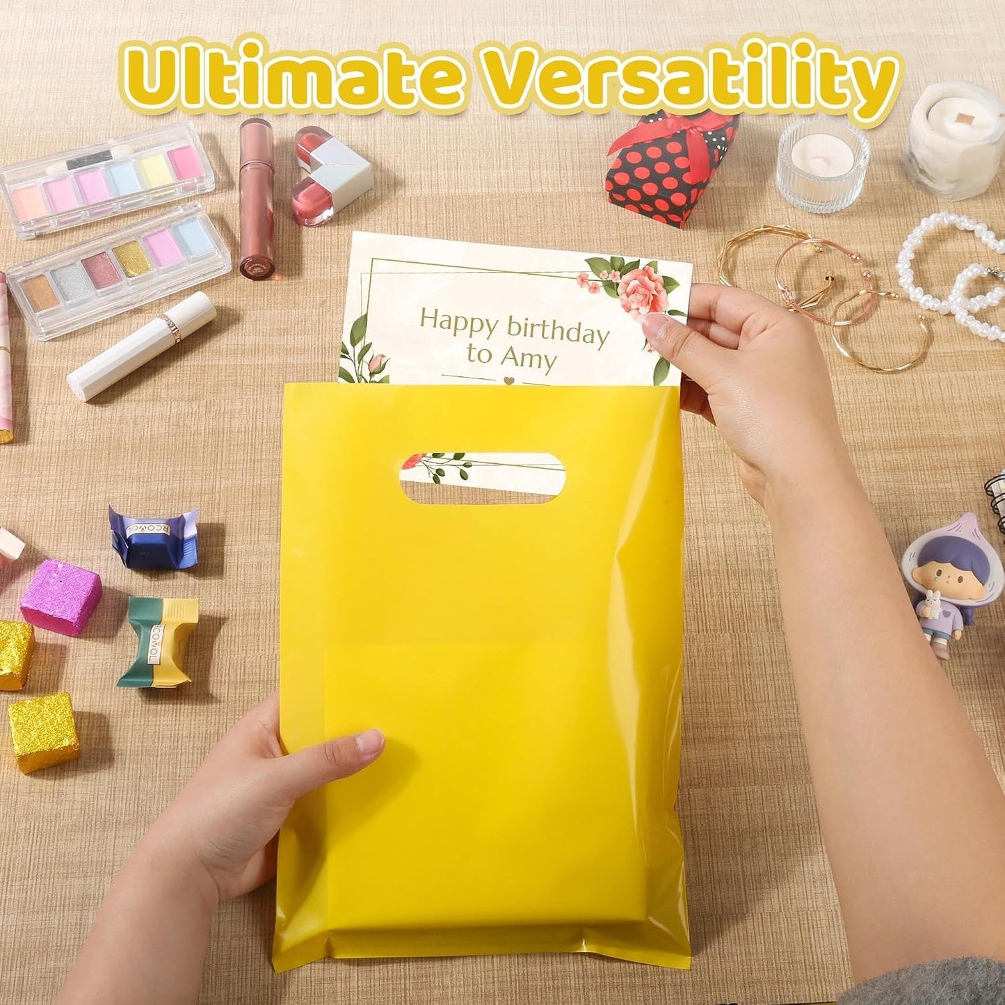 50 PCS Yellow Party Favor Bags, 8" x 11" Goodie Bags for Candy Treat Craft Easter Egg, Plastic Gift Bag with Die Cut Handles for Birthday Party, School Events & Small Business, Wedding