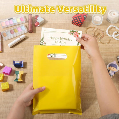50 PCS Yellow Party Favor Bags, 8" x 11" Goodie Bags for Candy Treat Craft Easter Egg, Plastic Gift Bag with Die Cut Handles for Birthday Party, School Events & Small Business, Wedding