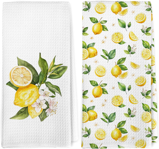 Summer Lemon Floral Kitchen Towels Dishcloth Set of 2, Lemon Gifts for Women Decor Dish Towels, Farmhouse Summer Fruit Botanical Decorative Hand Tea Towel for Bathroom Kitchen, 16x24 Inch