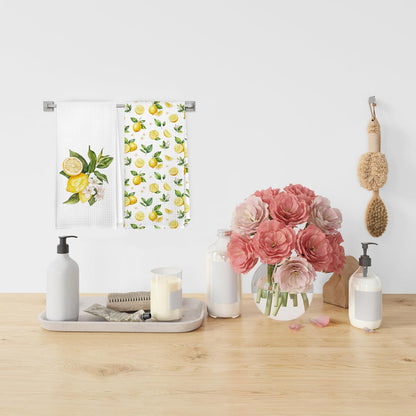 Summer Lemon Floral Kitchen Towels Dishcloth Set of 2, Lemon Gifts for Women Decor Dish Towels, Farmhouse Summer Fruit Botanical Decorative Hand Tea Towel for Bathroom Kitchen, 16x24 Inch