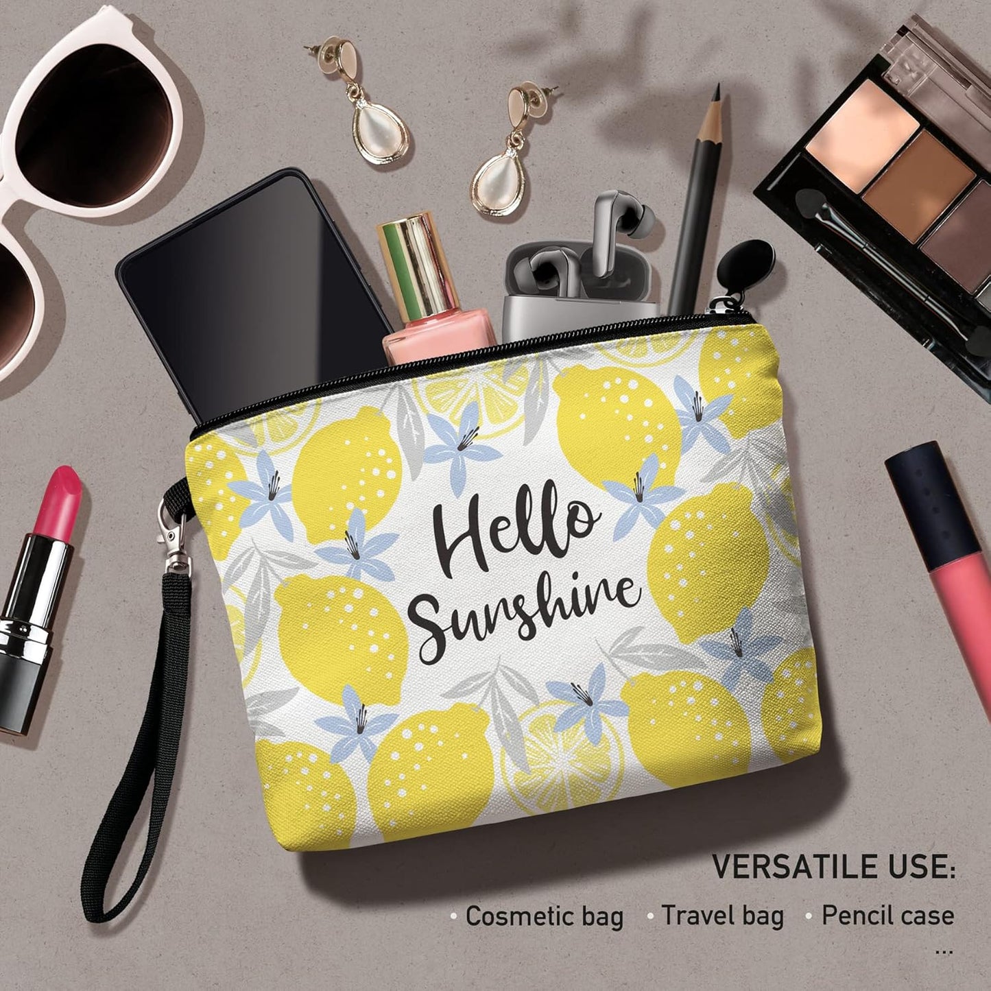 Lemon Travel Makeup Bag,Inspirational Cosmetic Toiletry Accessories Organizer,Cute Zipper Pouch for Purse,Gifts for Women Friends Girls-Yellow